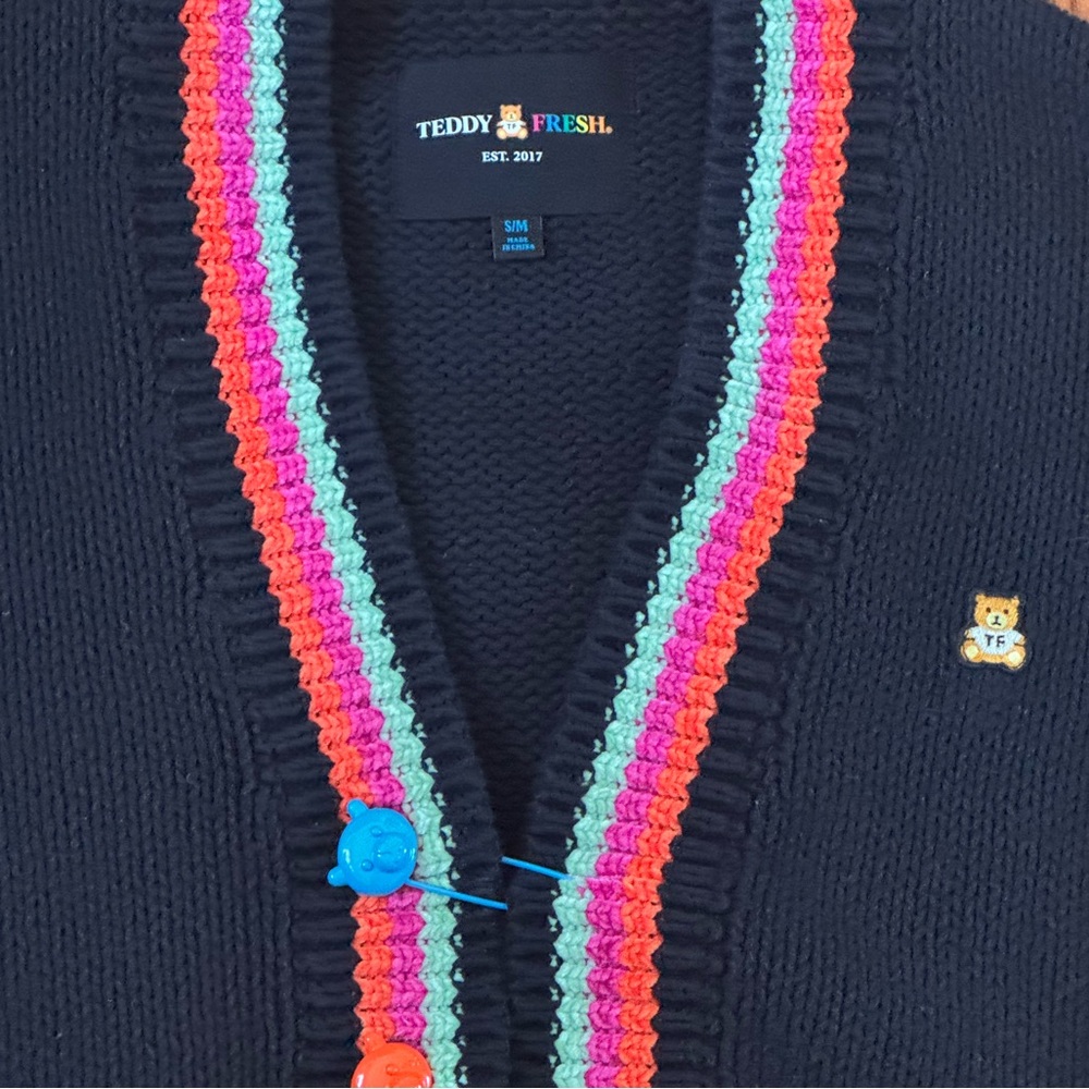 Teddy Fresh Black Cardigan with Colorful Trimming S/M - Picture 4 of 5